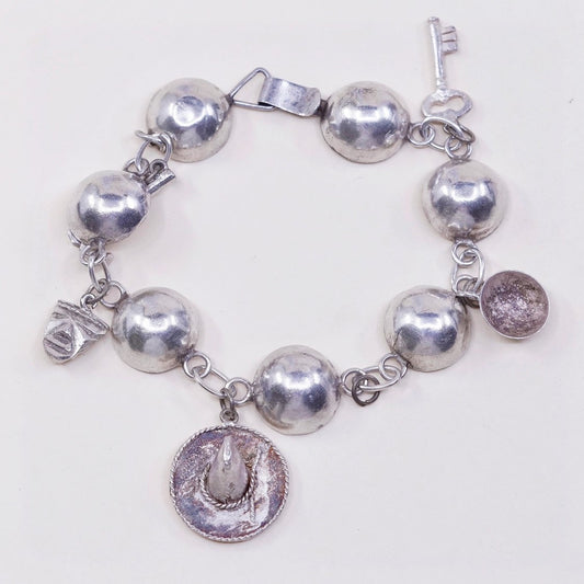 6”, sterling silver Handmade circle bracelet w/ hammer pot hat key sombrero