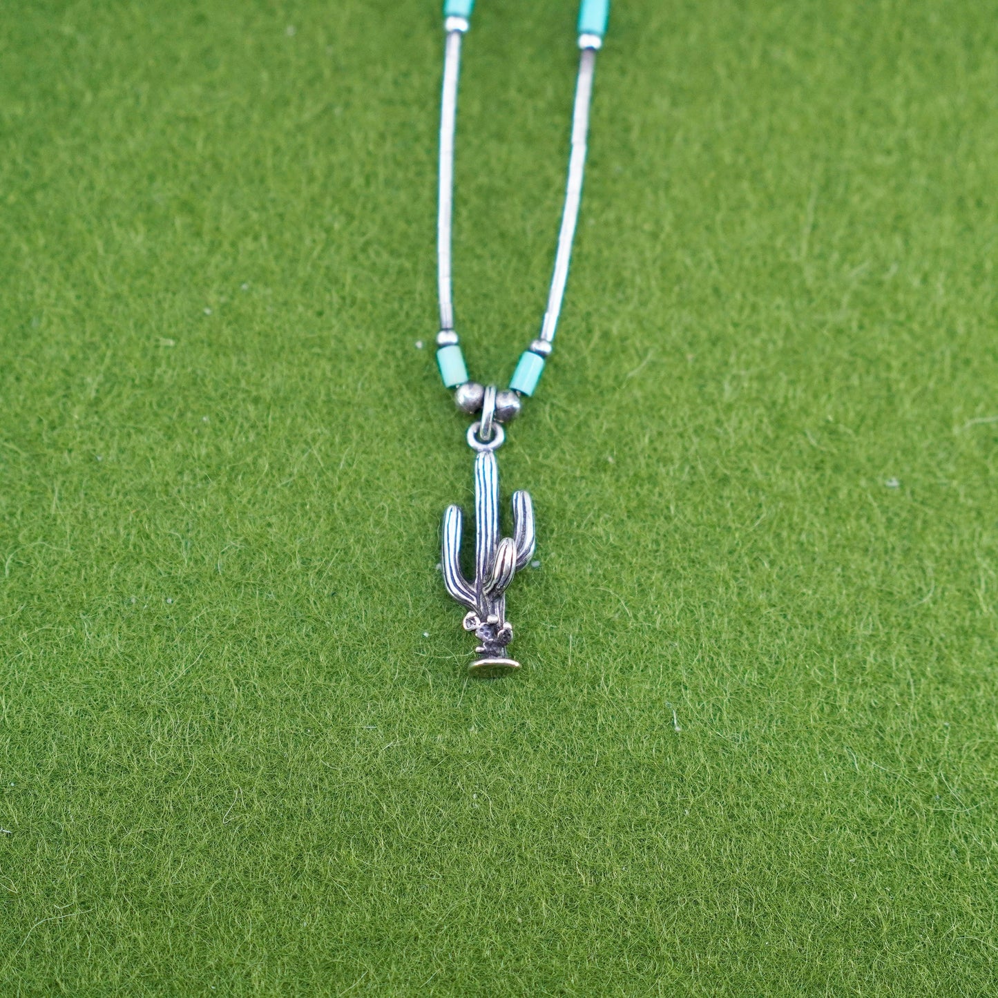 16”, Native American heishi Navajo Sterling necklace, 925 liquid silver cactus