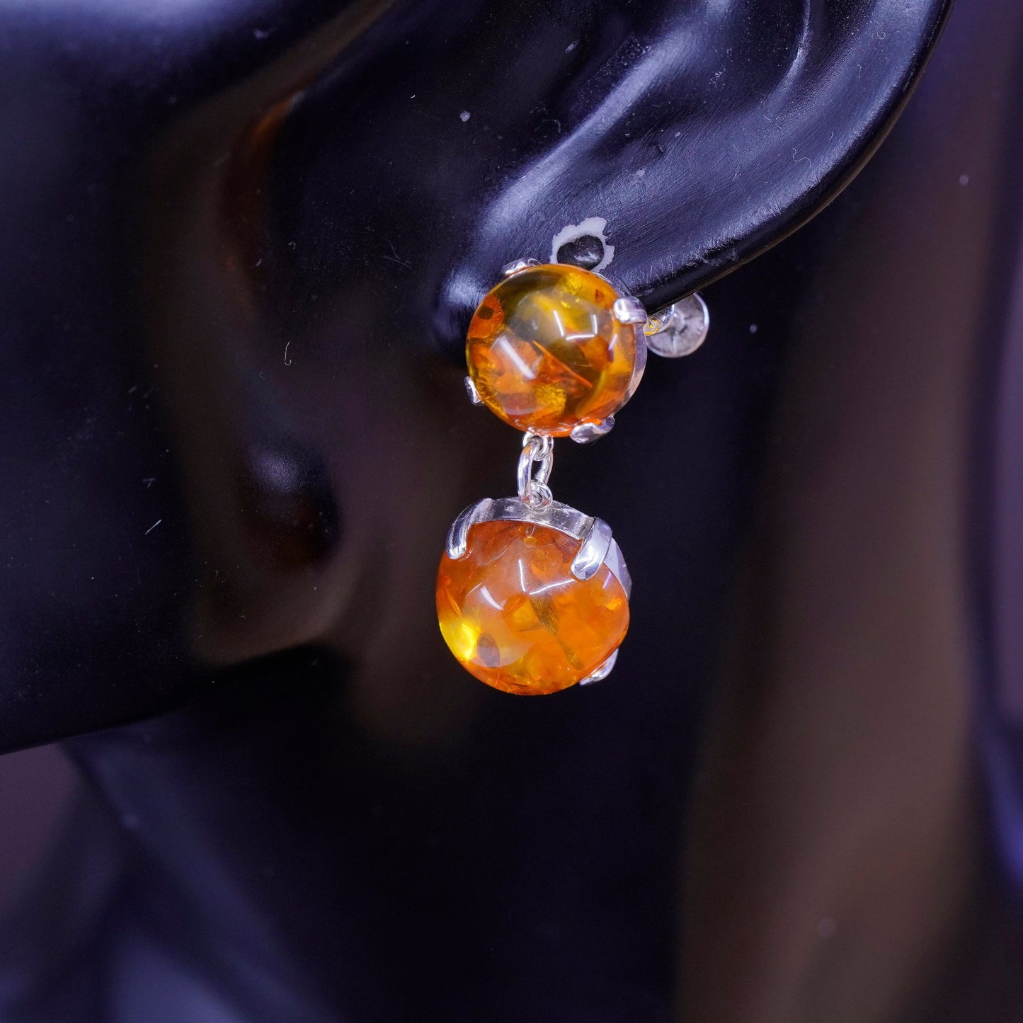 Vintage Sterling 925 silver screw back handmade earrings with amber dangles