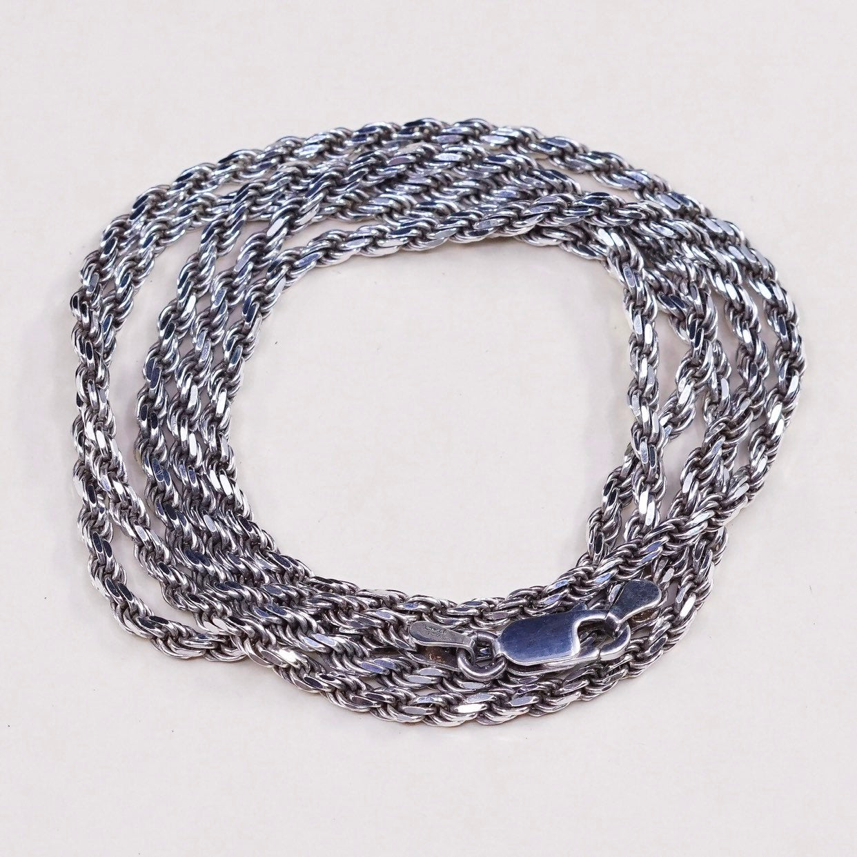 30", 3mm, vtg sterling silver Italy 925 diamond cut rope chain, necklace