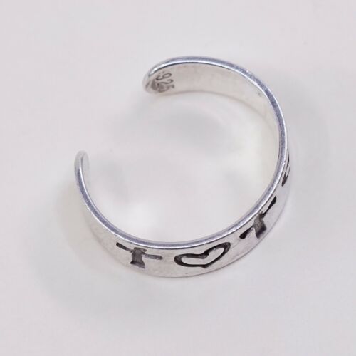 Sz 3.75, Vtg Sterling Silver Handmade Ring, 925 Silver Pinky Band W/ Heart Cross