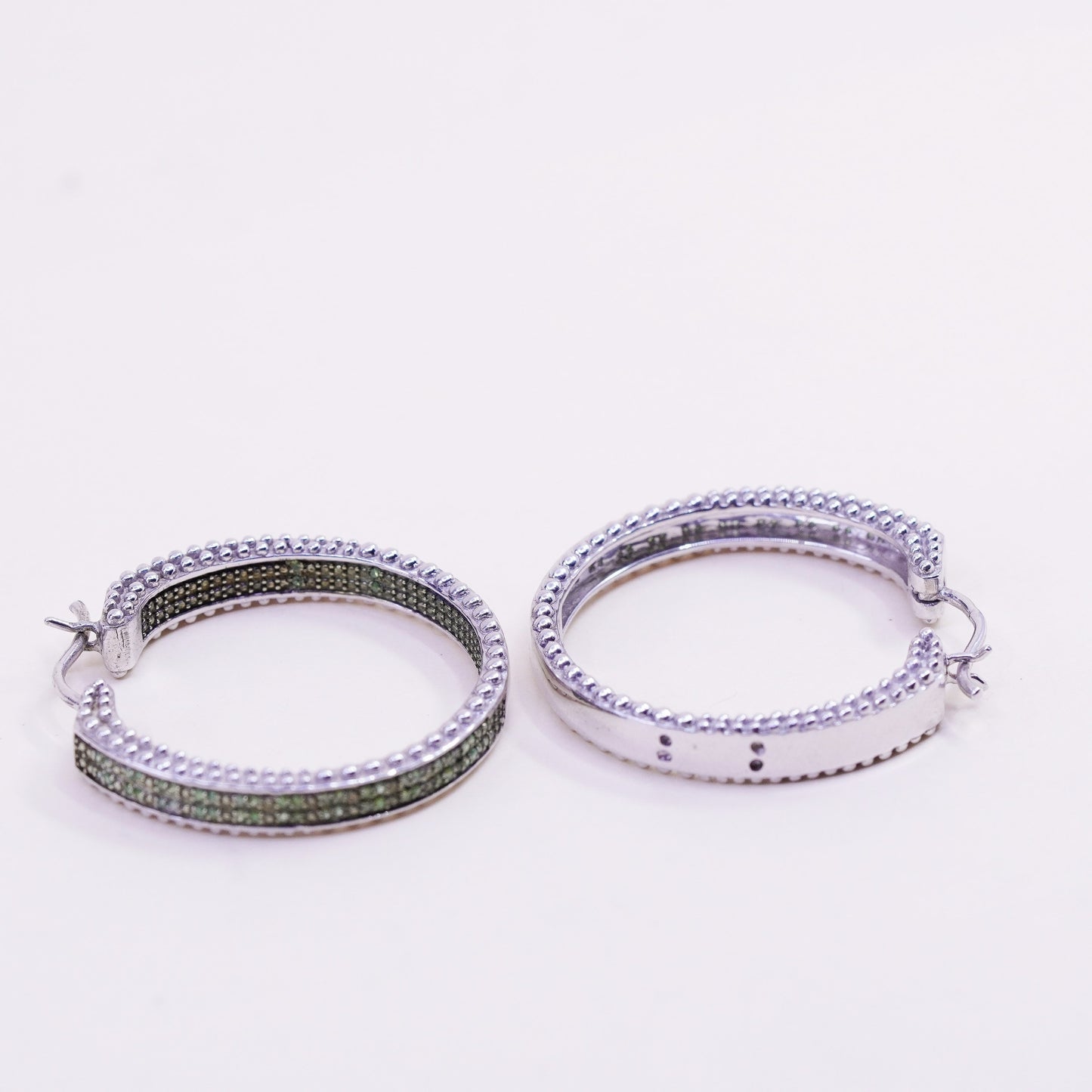 1.25”, sterling silver earrings, 925 silver hoops, Huggie with cluster emerald