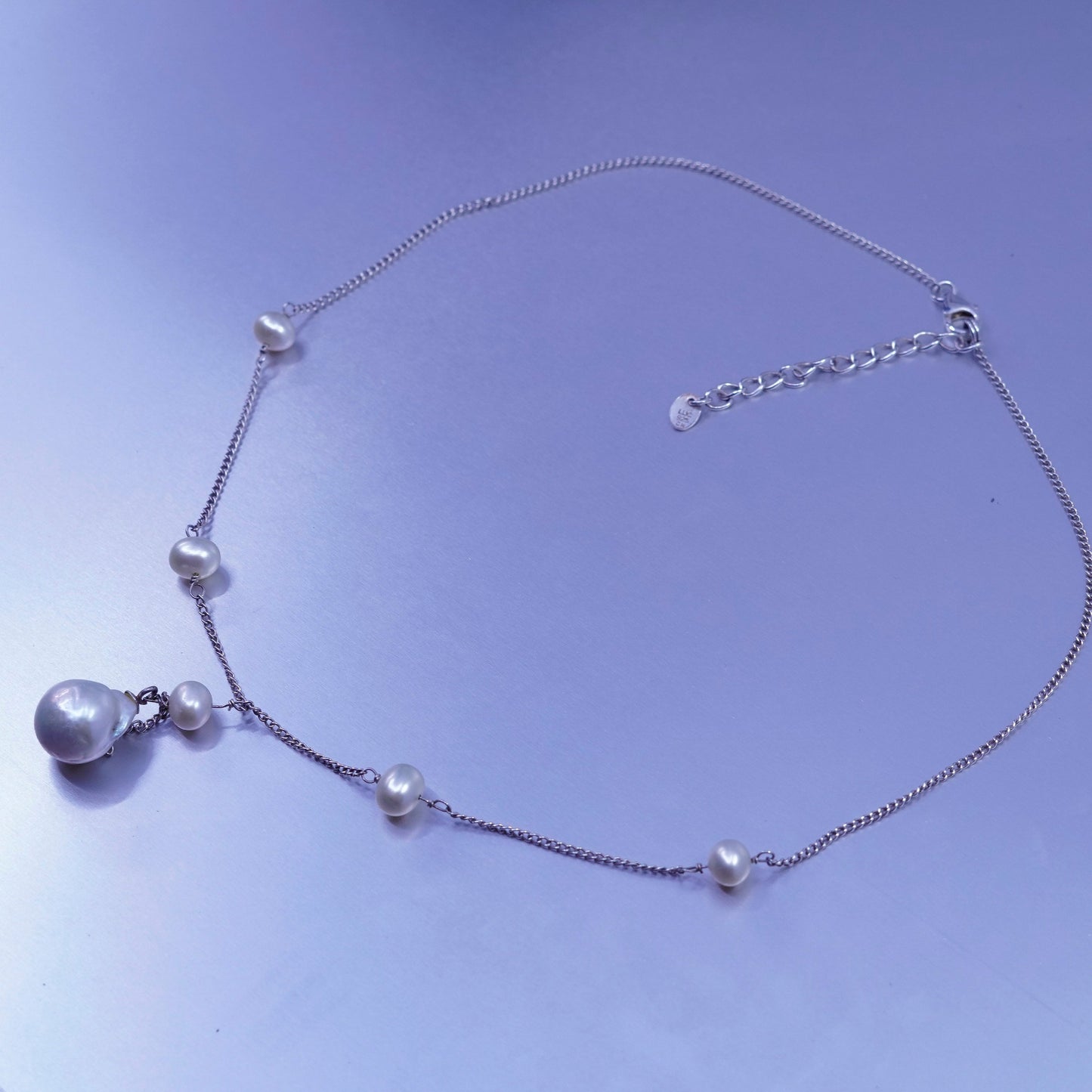 18+2”, Vintage Sterling 925 silver curb chain necklace w/ baroque pearl pendant