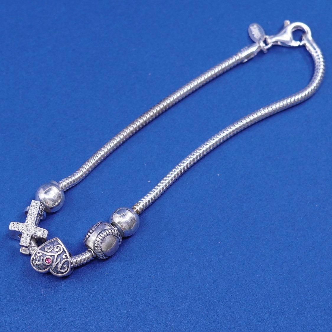 8.5", Sterling silver bracelet, italy 925 snake chain mom baseball cross charms