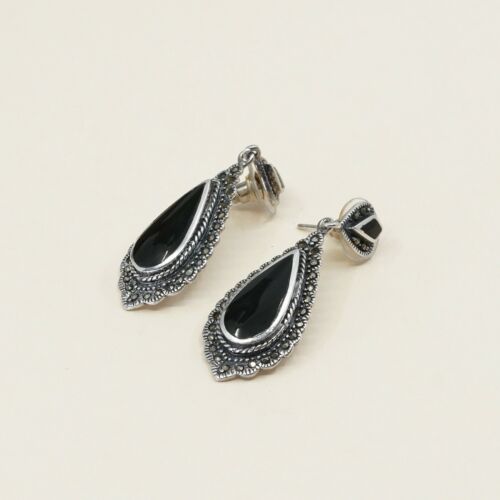 Vtg Sterling silver earrings w/ Teardrop Obsidian Drop N Marcasite Details, 925