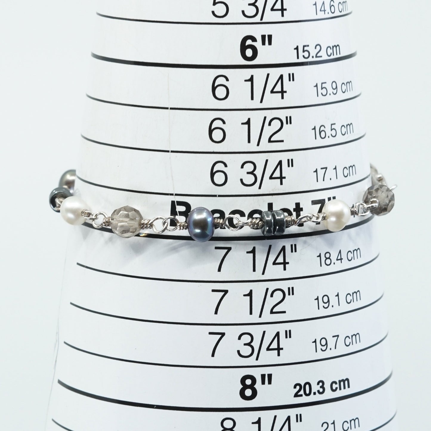 7", Sterling silver handmade bracelet, 925 clasp w/ pearl N crystal beads