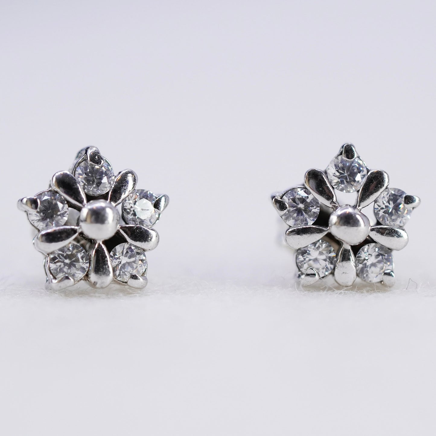 Vintage Sterling 925 silver handmade earrings, flower studs with cz
