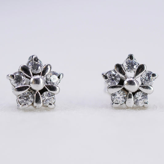 Vintage Sterling 925 silver handmade earrings, flower studs with cz