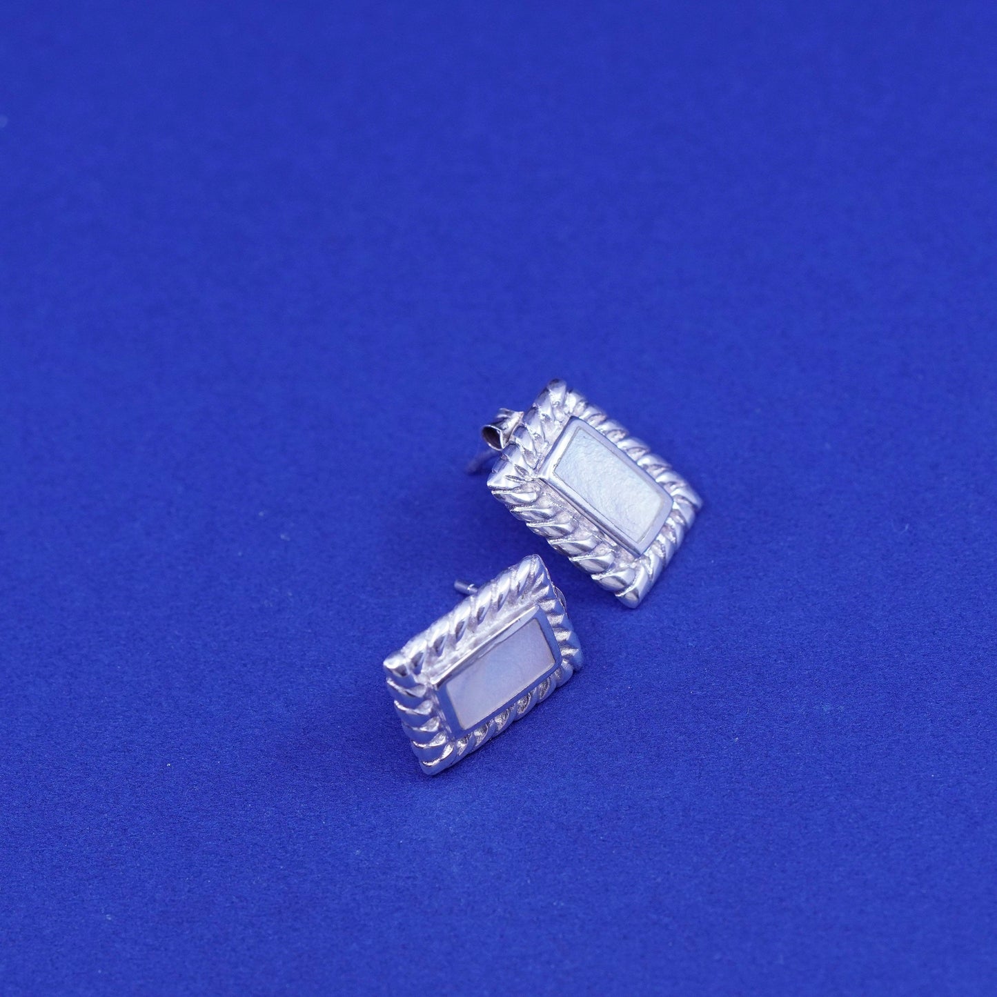 Vintage sterling silver handmade earrings, 925 studs with mother of Pearl cable