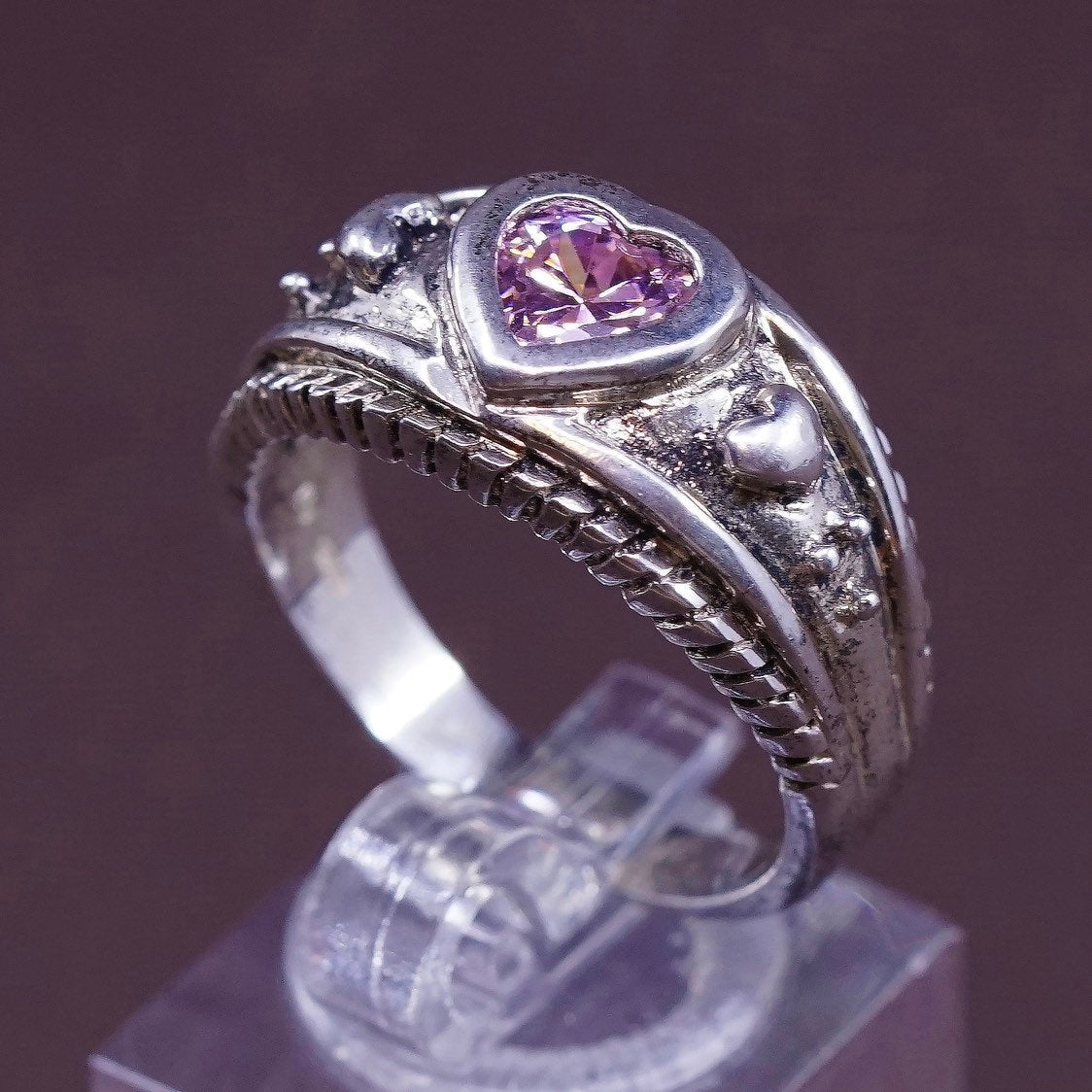 sz 10.25, vtg sterling silver handmade ring, pink crystal heart 925 band