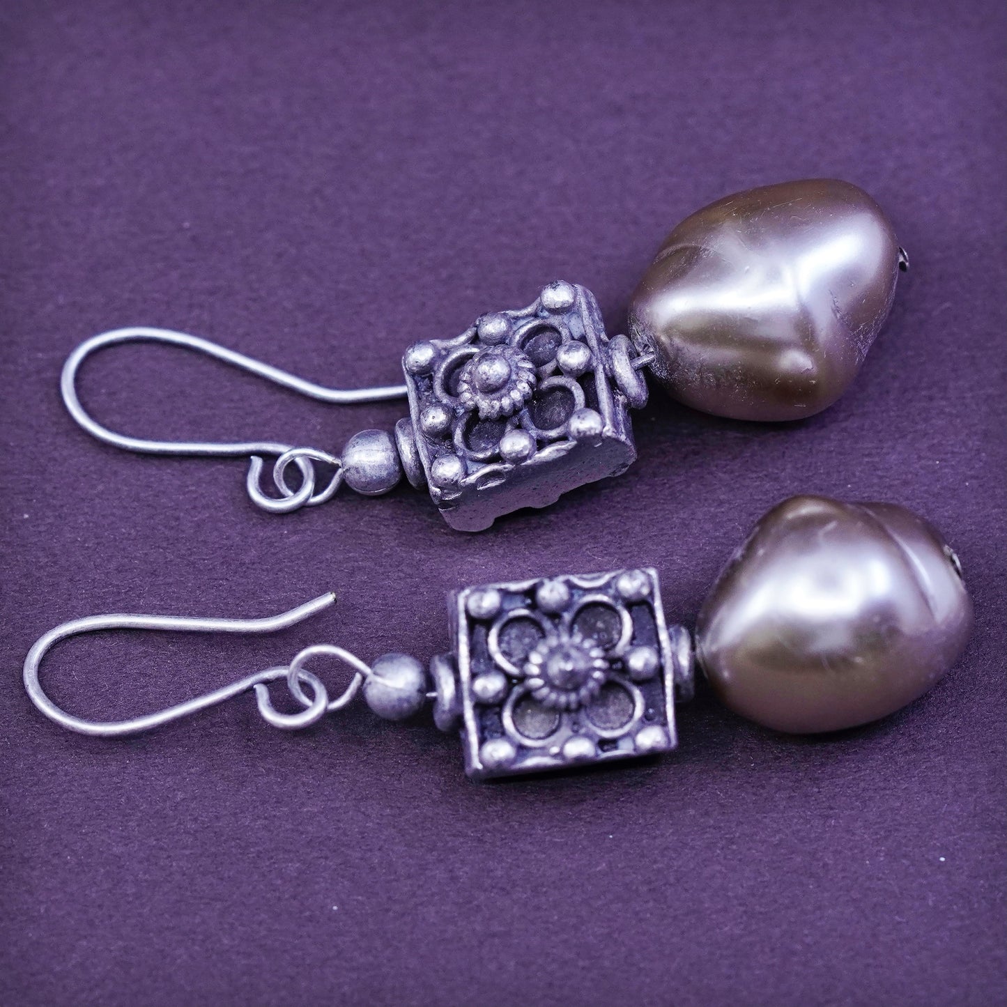 Vintage sterling silver handmade earrings, 925 beads with pearl drops