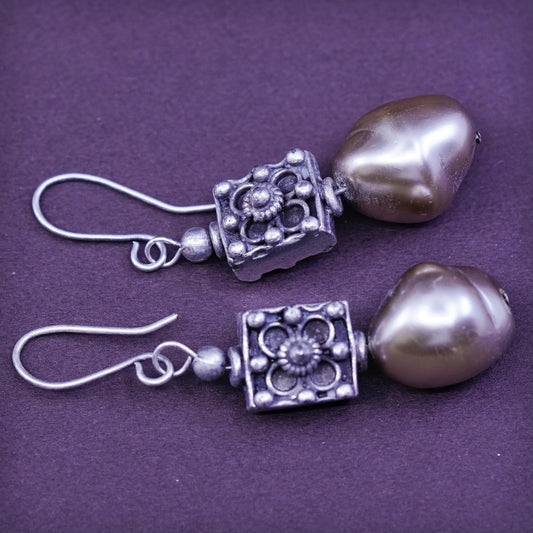Vintage sterling silver handmade earrings, 925 beads with pearl drops