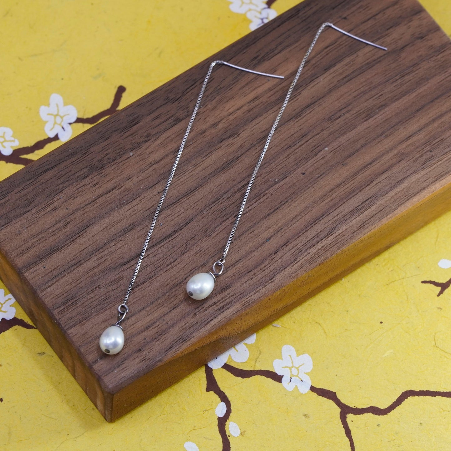 Vintage Sterling silver handmade earrings, long 925 box chain with pearl beads