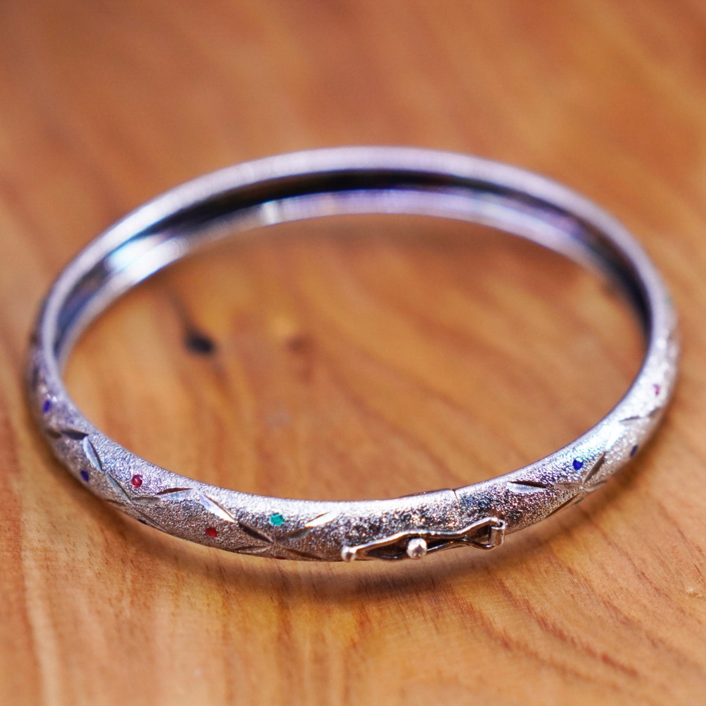 7.75”, sterling silver handmade bracelet, matte 925 hinged bangle colorful dots