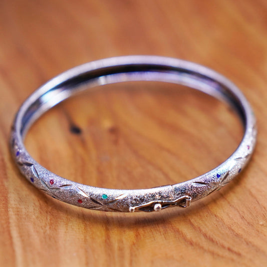 7.75”, sterling silver handmade bracelet, matte 925 hinged bangle colorful dots