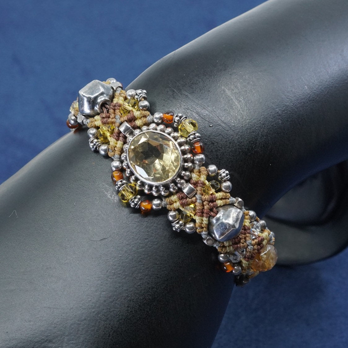 6.25", vtg Sterling silver handmade bracelet, 925 w/ citrine N linen braided