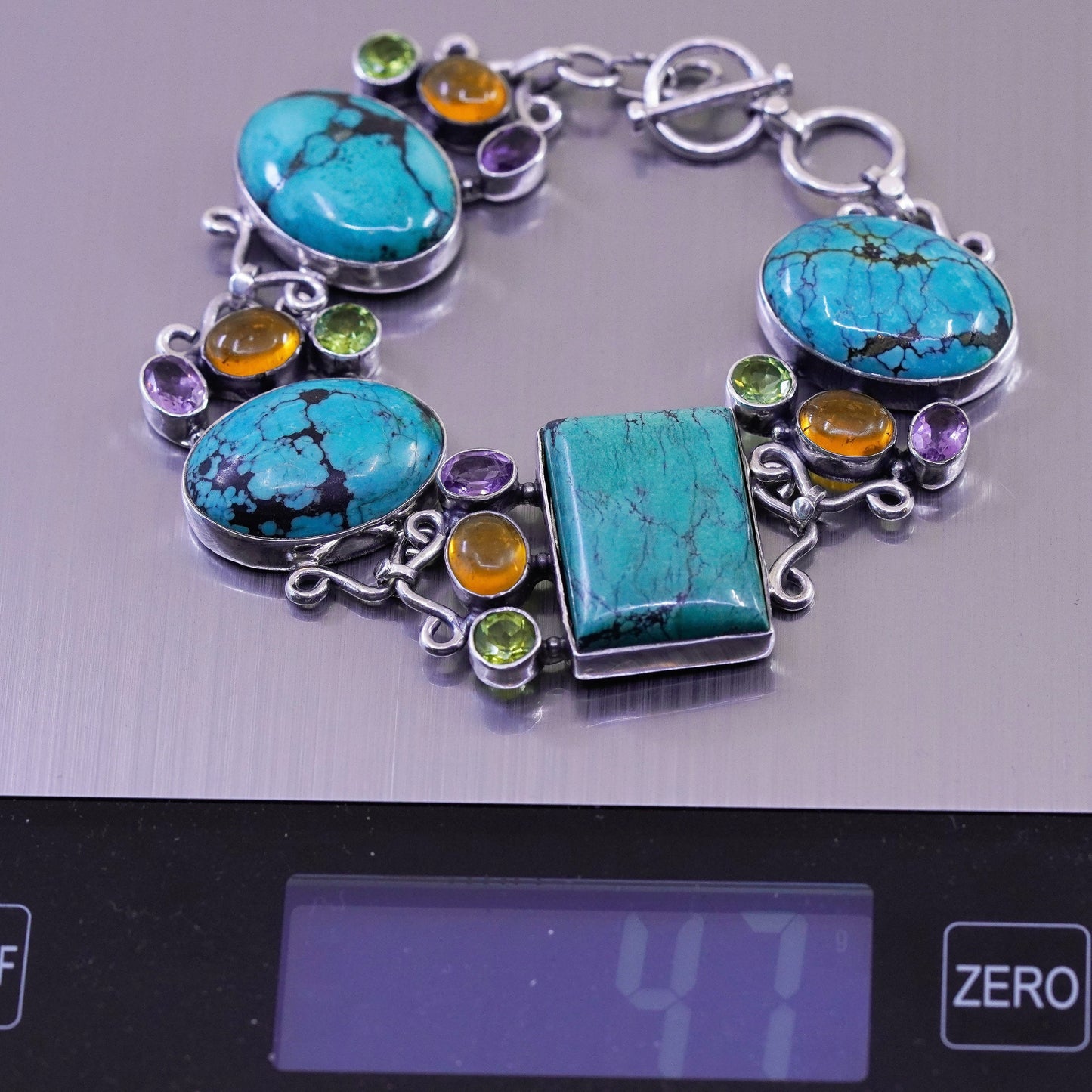 7.25”, southwestern Sterling 925 silver bracelet with dry creek turquoise amber