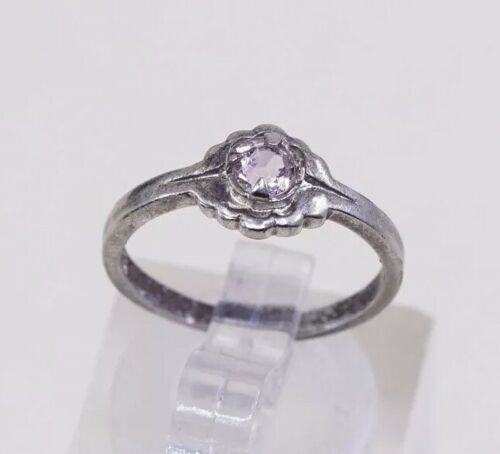 Sz 4, Vtg Sterling Silver Ring, 925 Silver Engagement Ring W/ pink Crystal