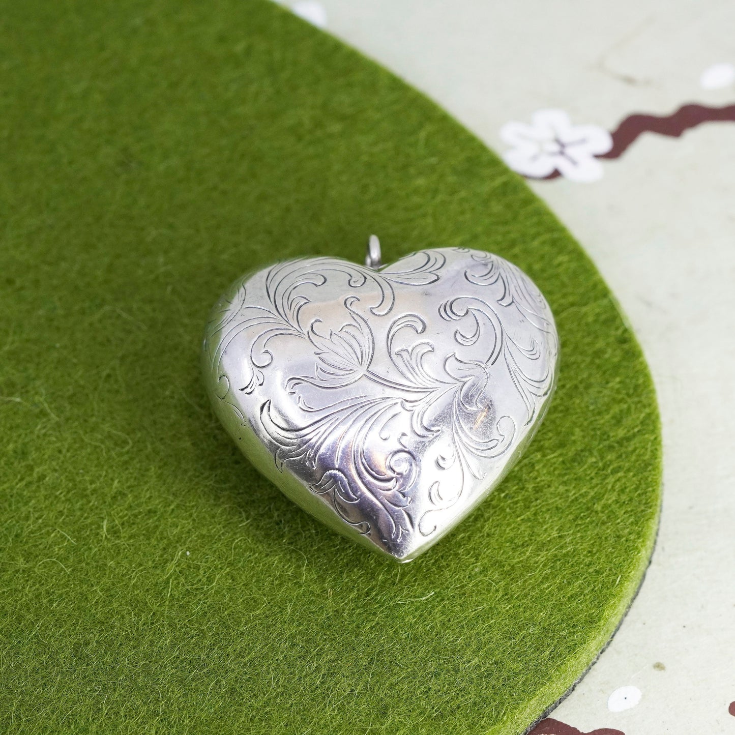 Vintage handmade sterling silver puffy heart, textured 925 charm pendant
