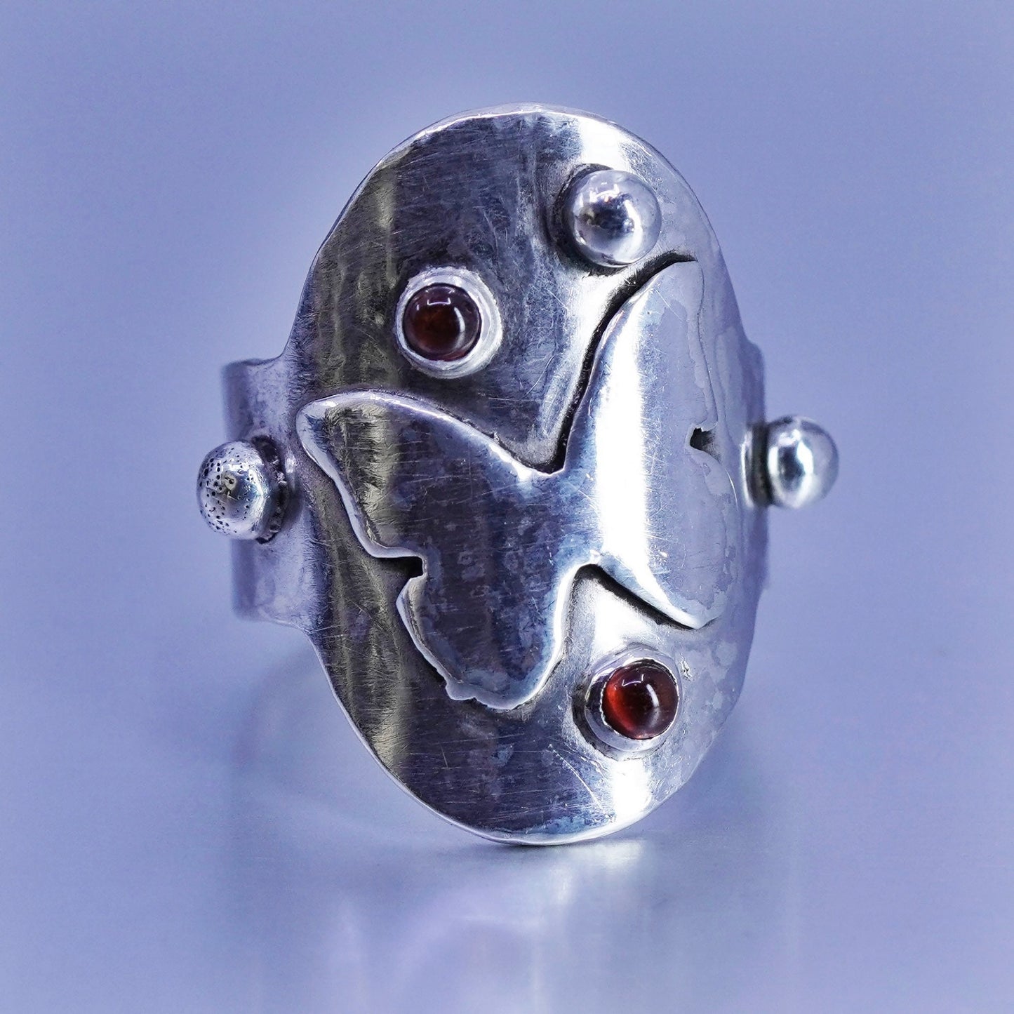 Size 8.75, vtg Sterling 925 silver handmade ring, butterfly band garnet beads