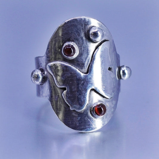 Size 8.75, vtg Sterling 925 silver handmade ring, butterfly band garnet beads