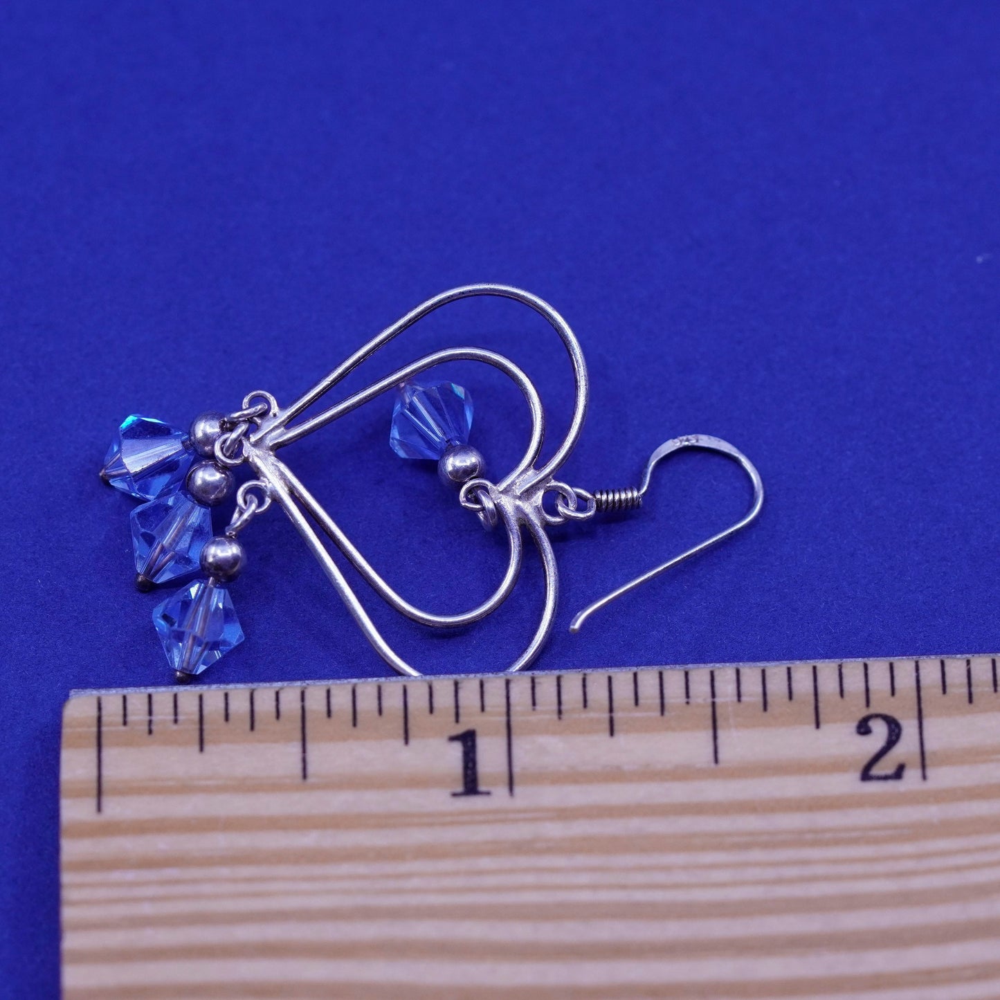 Vintage Sterling 925 silver handmade earrings, double heart Dangle and blue Cz