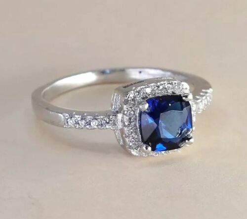 Sz 6, Sterling Silver Ring, 925 Silver Engagement Ring W/ blue Sapphire