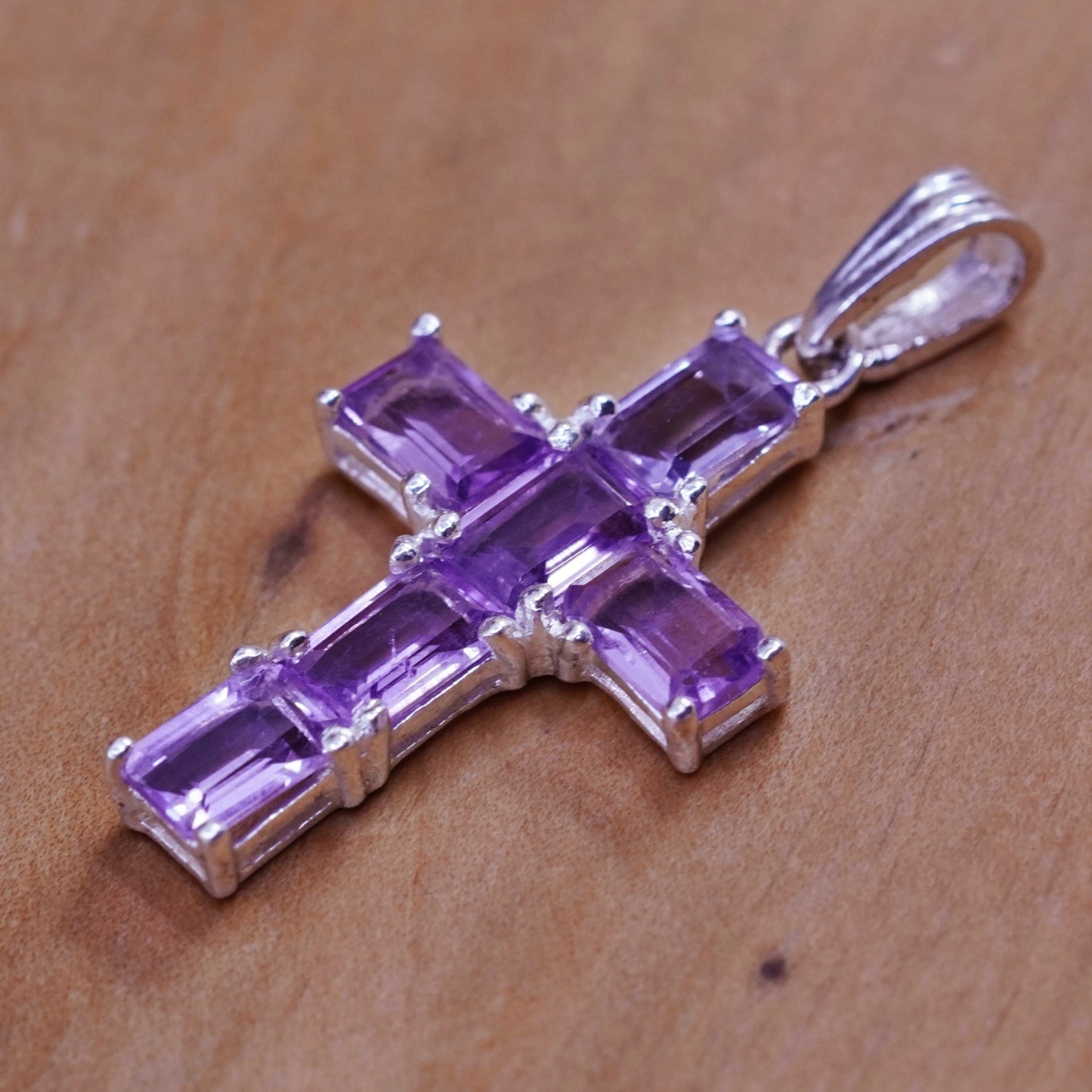 Vintage Sterling silver handmade pendant, 925 cross with Violet Cz, Christian