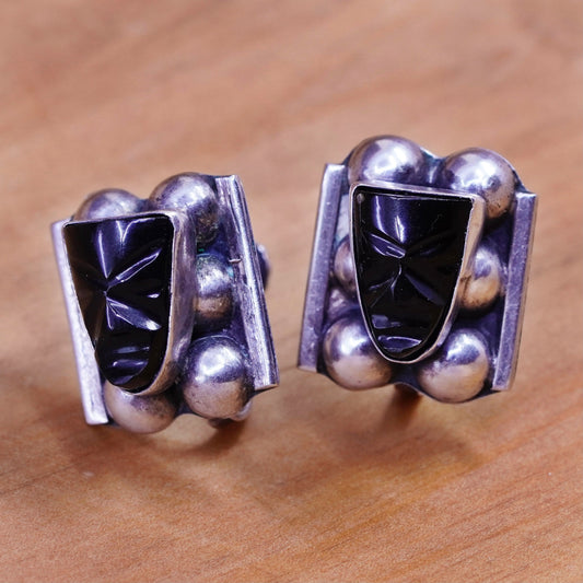 Sterling 925 silver handmade screw back earrings obsidian Mexican warrior face