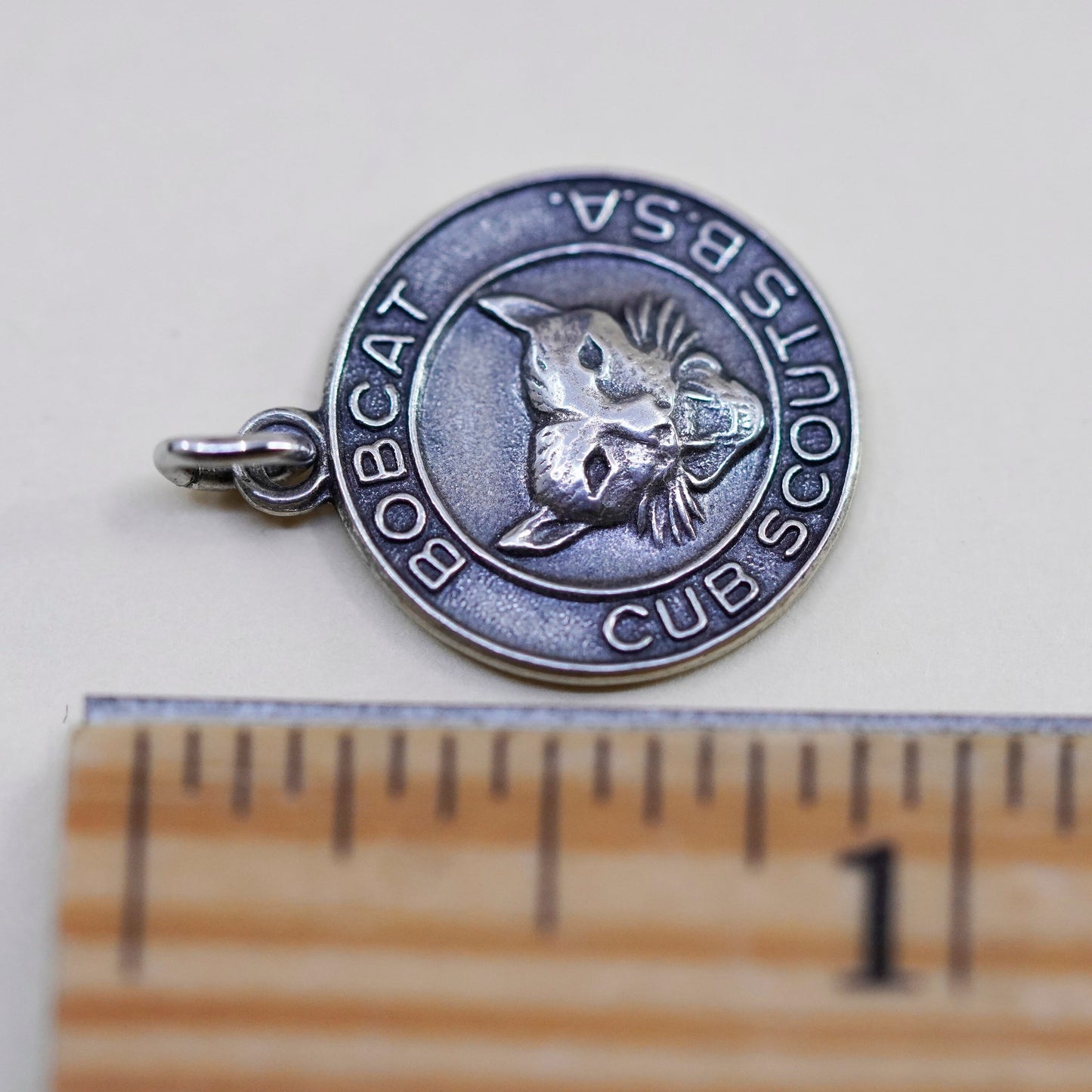 Vintage sterling silver charm, 925 handmade bobcat tag, Cub Scouts BSA
