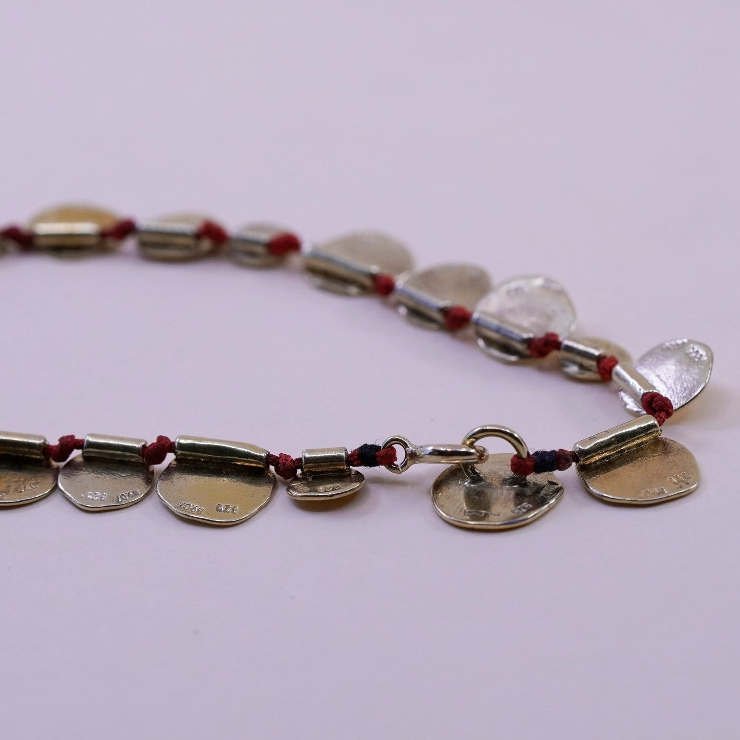 7.25”, vintage gold over Sterling 925 silver bracelet, red linen thread discs