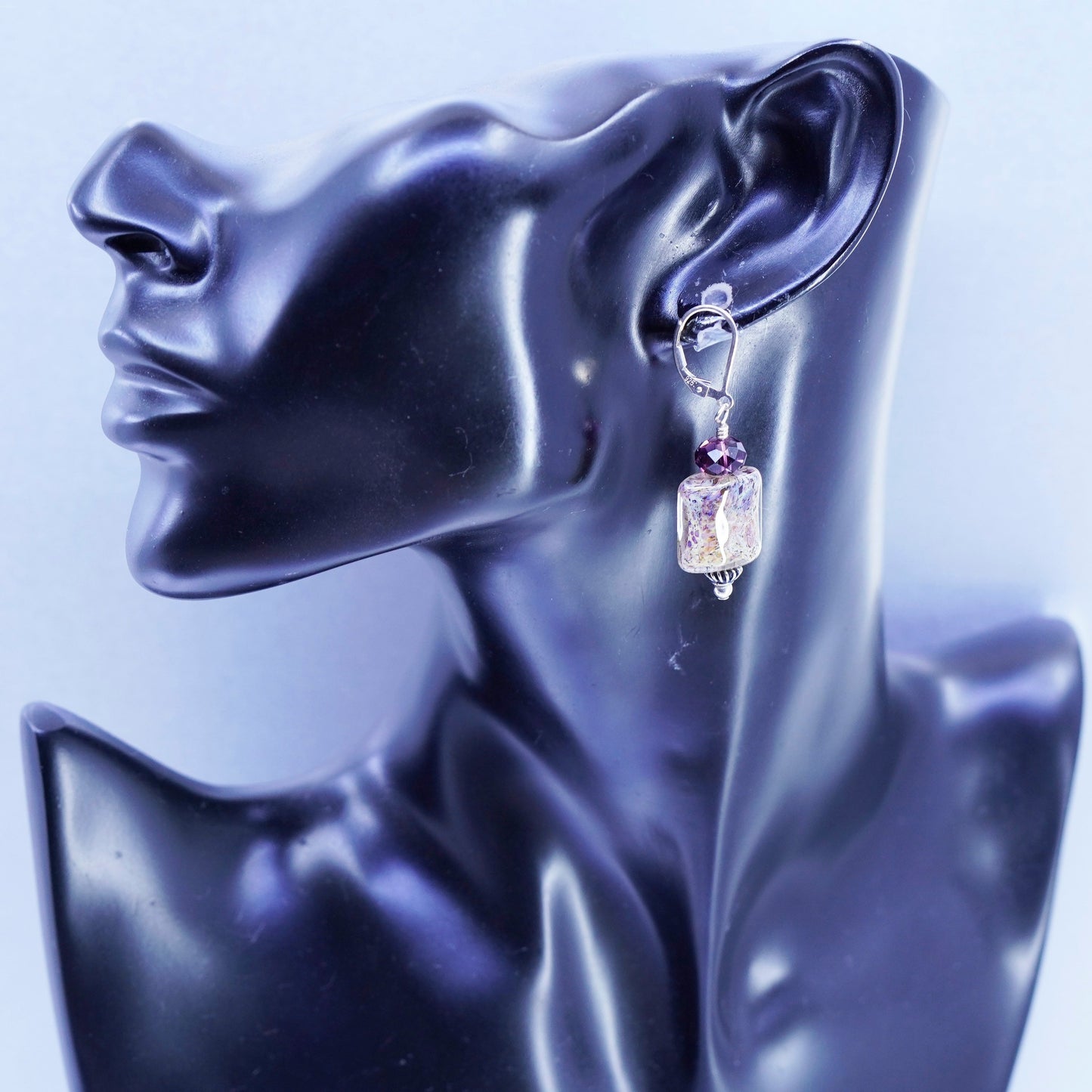 Vintage Sterling 925 silver earrings with artisan glass and purple beads