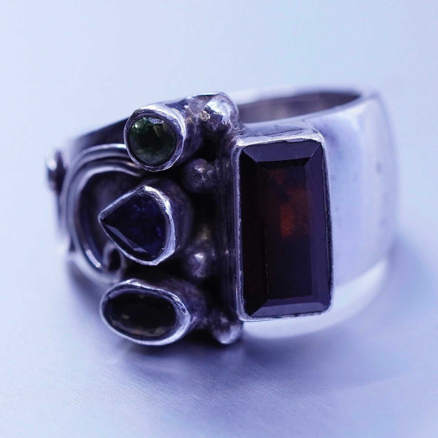 Size 5.75, vintage Sterling 925 silver handmade wide ring citrine ruby peridot