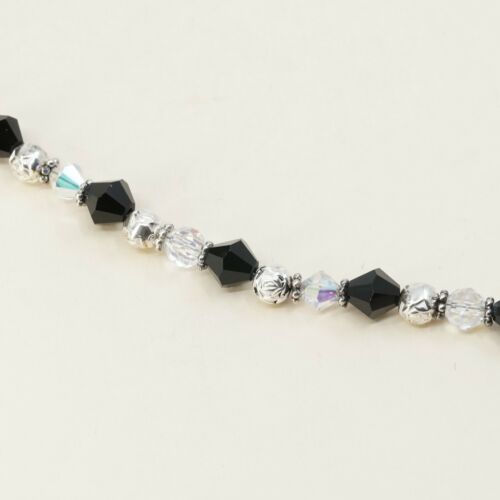 7.25”, Vtg Sterling Silver Handmade Bead Bracelet, 925 Heart Toggle W/ Crystal