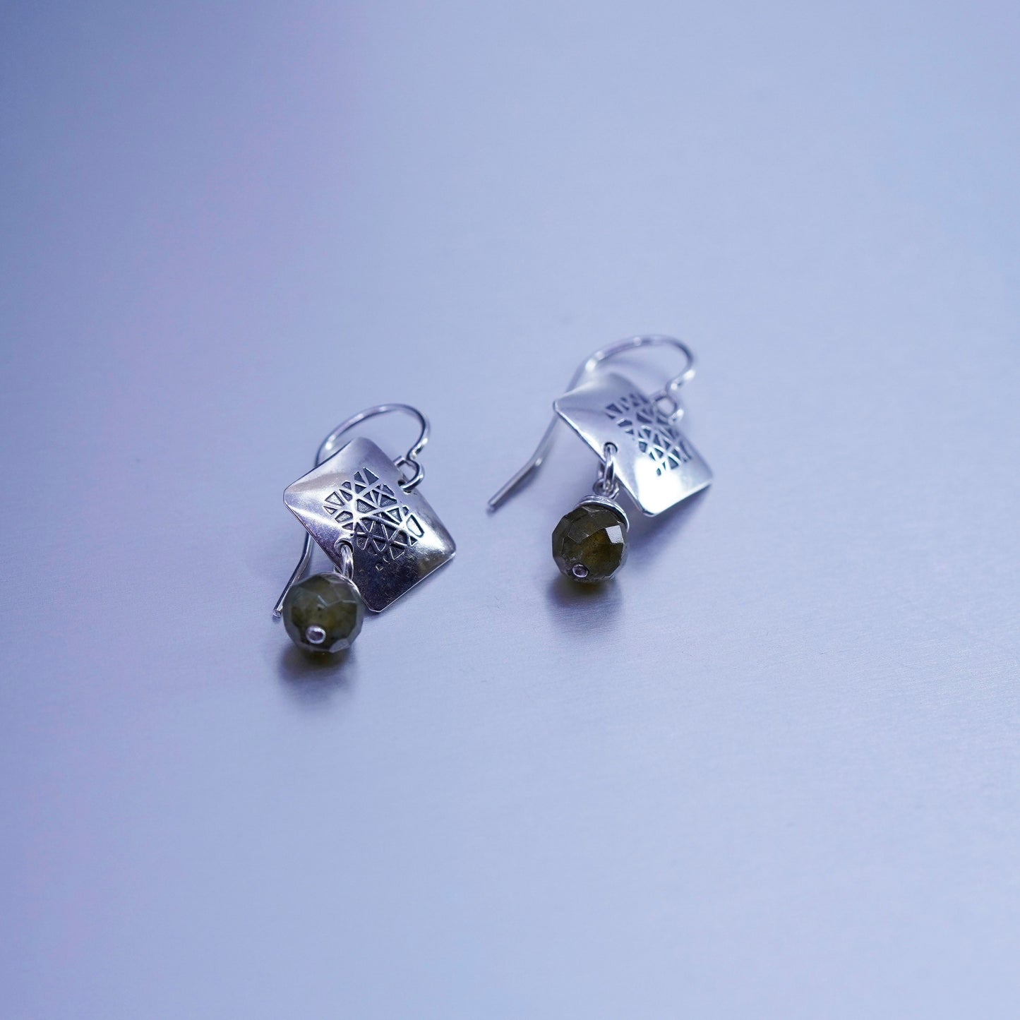 Vintage Sterling 925 silver handmade square textured earrings with smoky topaz
