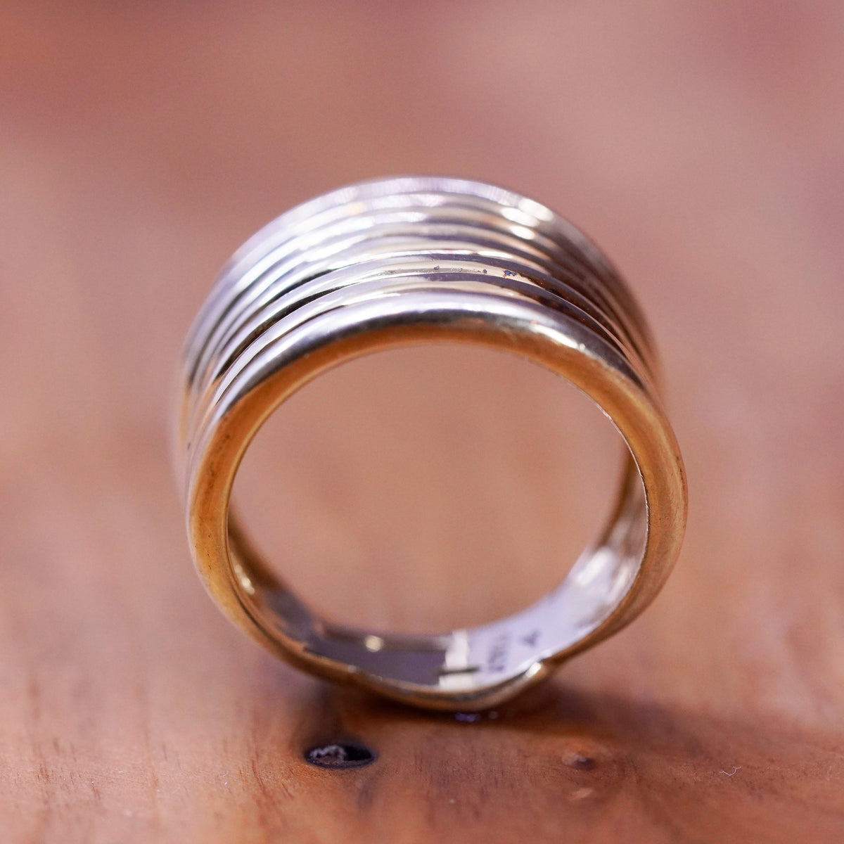 Size 7, Italy vermeil gold over Sterling silver handmade ring, 925 ribbed band