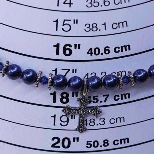 18” Vtg Sterling 925 Silver Handmade Black Pearl Necklace W/ Cross Pendant