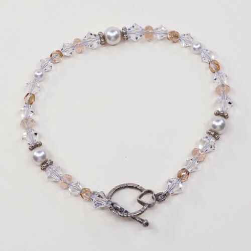 7”, Vtg Sterling Silver Handmade Bead Bracelet, 925 Swarovski Crystal W/ Toggle