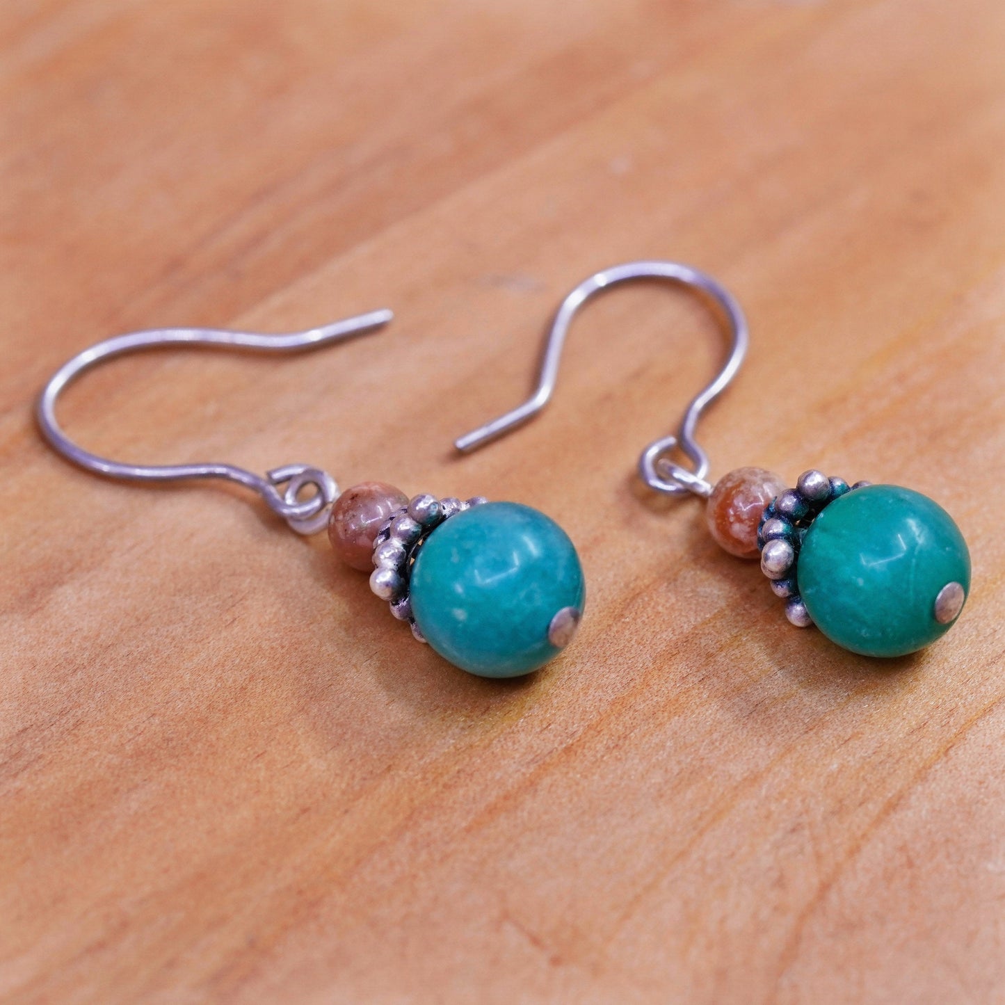 Vintage Sterling silver handmade earrings, 925 hooks with jade beads