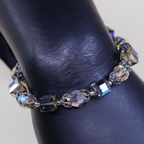 6.75”, Vtg Sterling Silver Handmade Bracelet, 925 Beads W/ Blue Crystal Beads