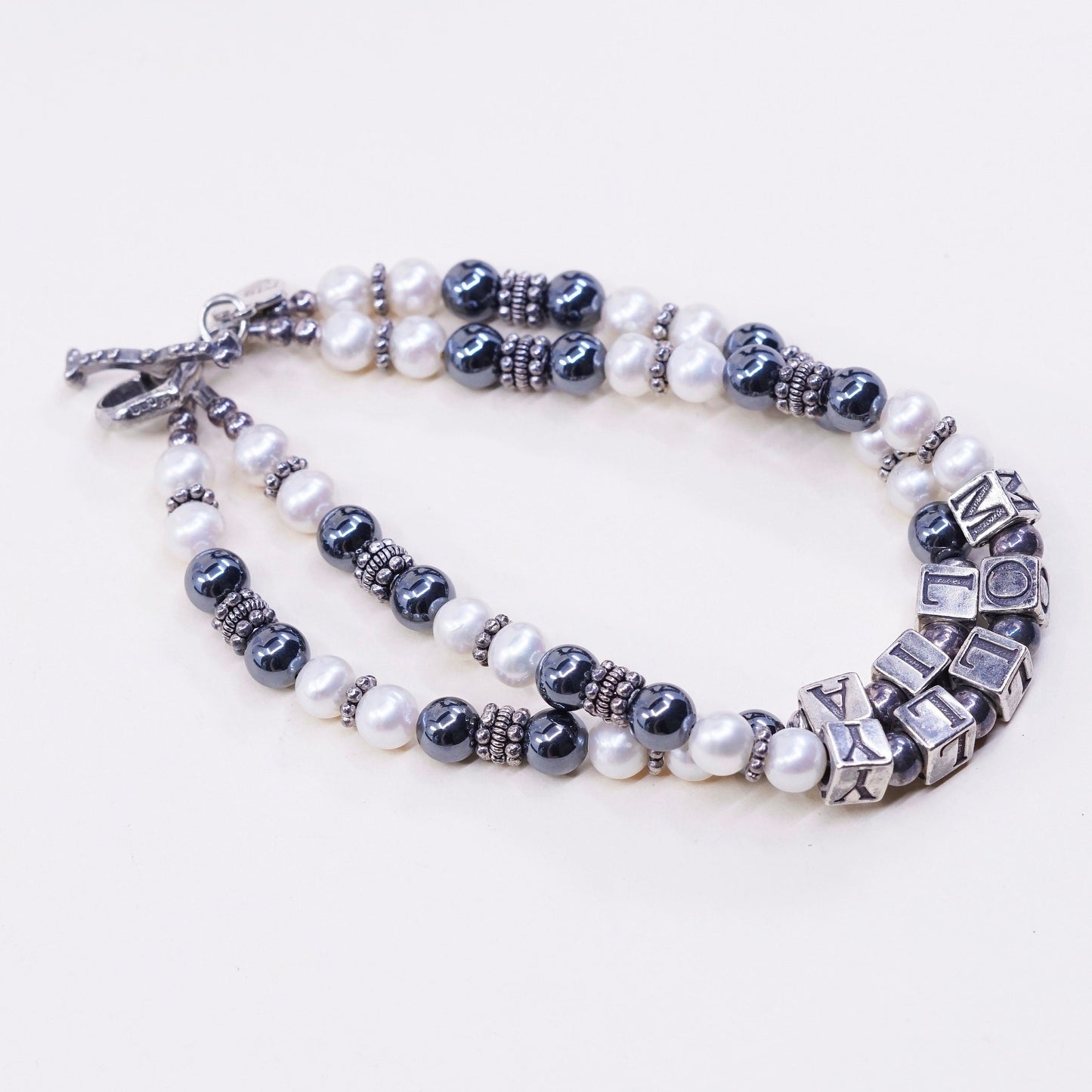 7.5”, MB sterling 926 silver bracelet, monogram hematite pearl chain “molly Lia