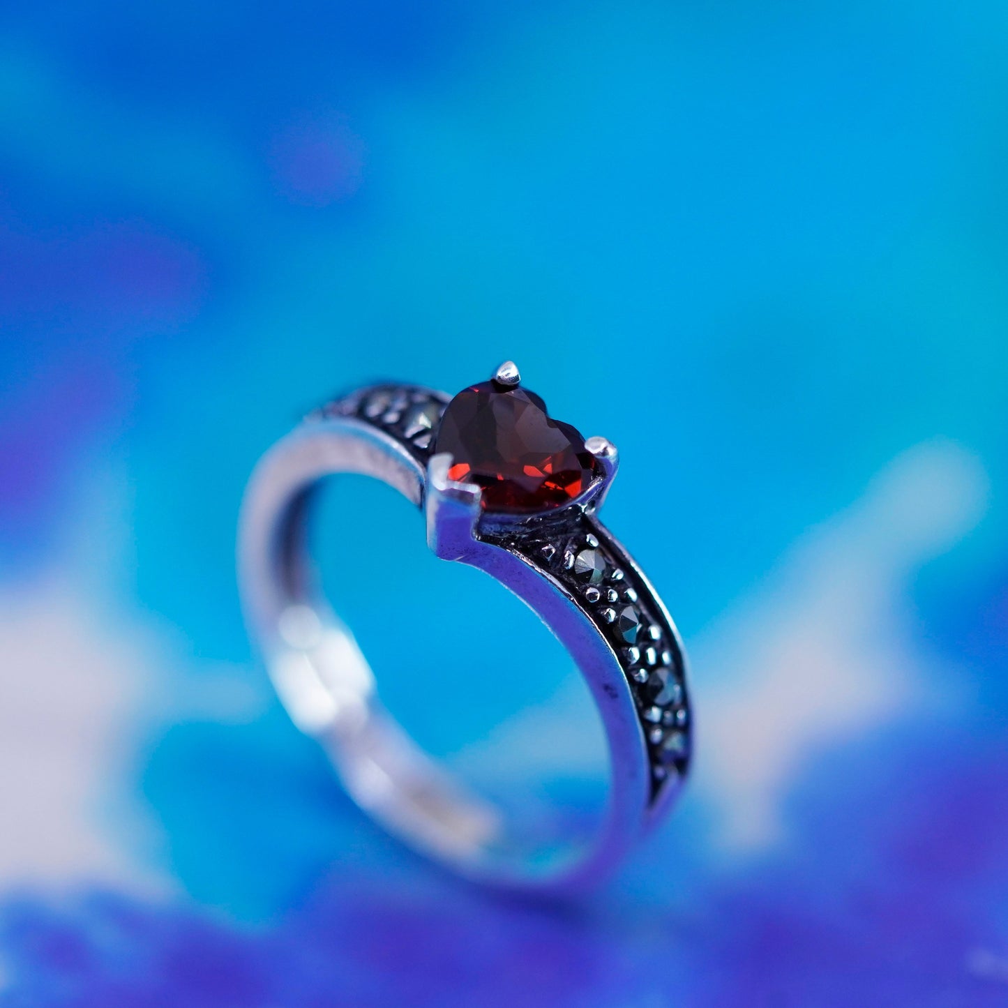 Size 7.5, Sterling silver handmade ring 925 stackable band heart ruby marcasite