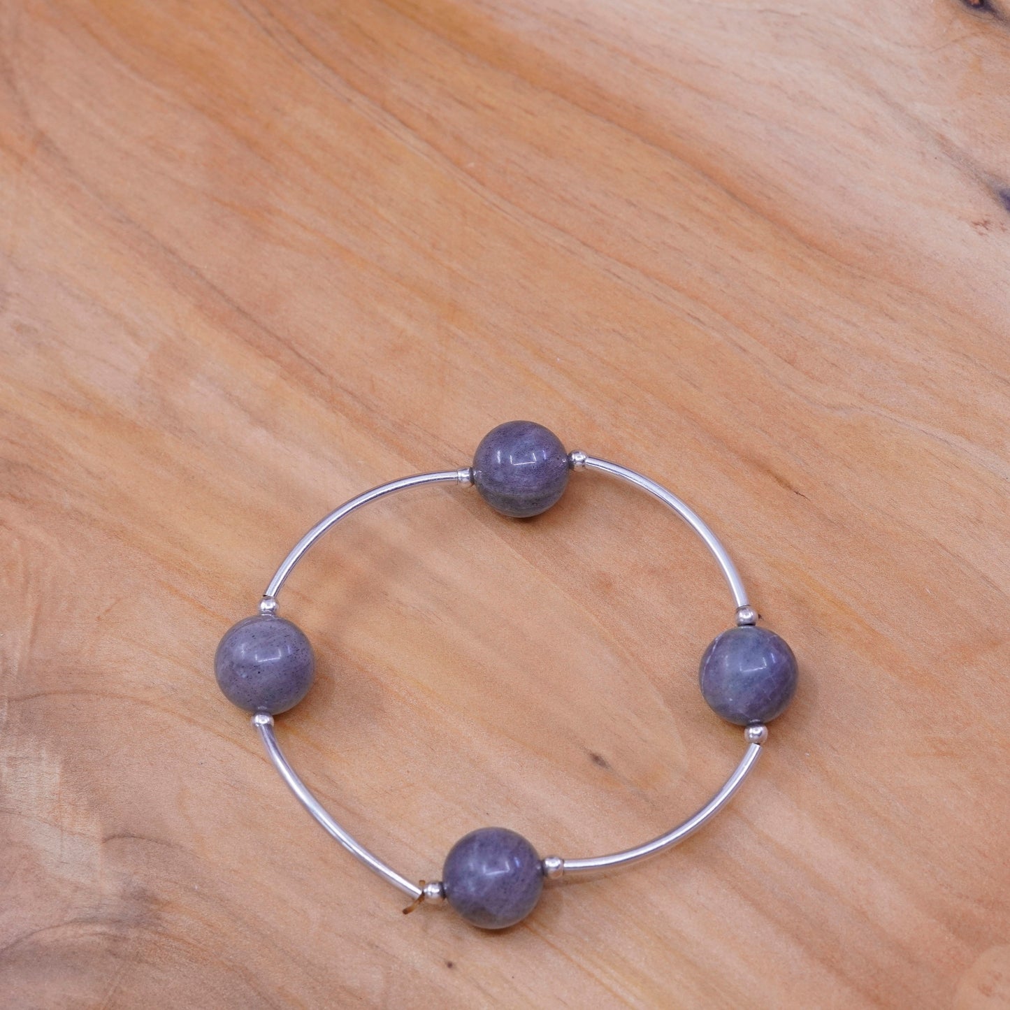 6.5”, Sterling 925 silver handmade DNA bracelet, elastic band labradorite beads