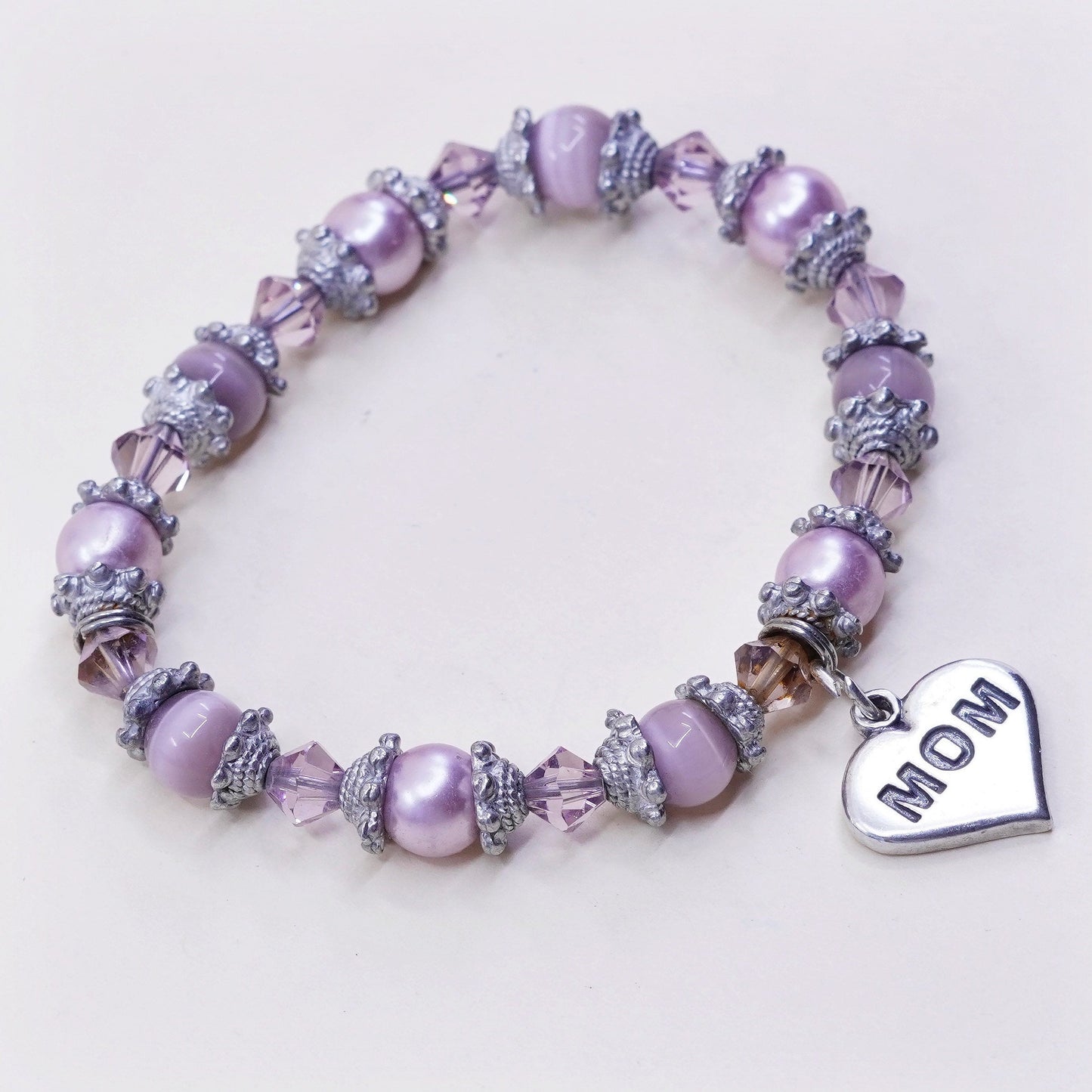 6.5”, bracelet pink pearl cat eye beads w/ elastic band sterling 925 silver