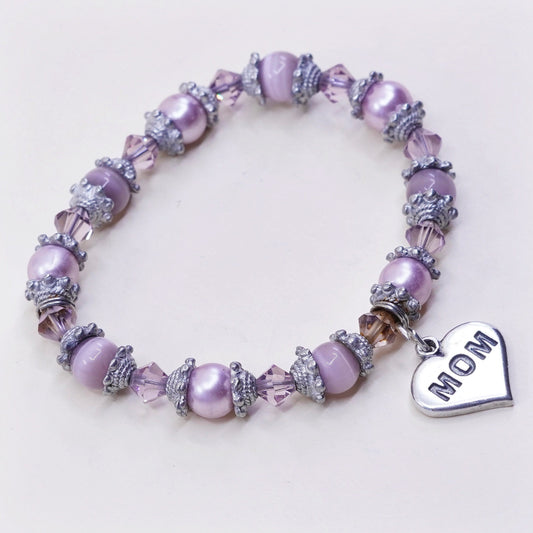 6.5”, bracelet pink pearl cat eye beads w/ elastic band sterling 925 silver