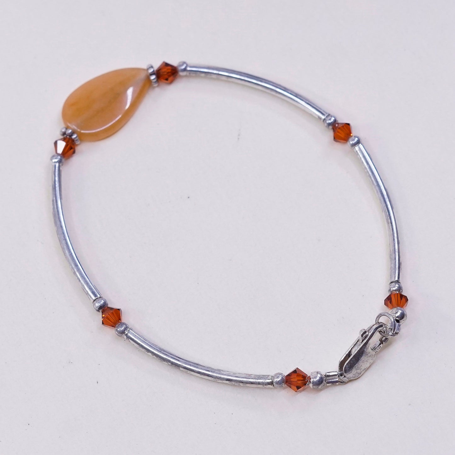 6.75”, vintage 925 Sterling silver bar N beads bracelet w/ orange gemstone
