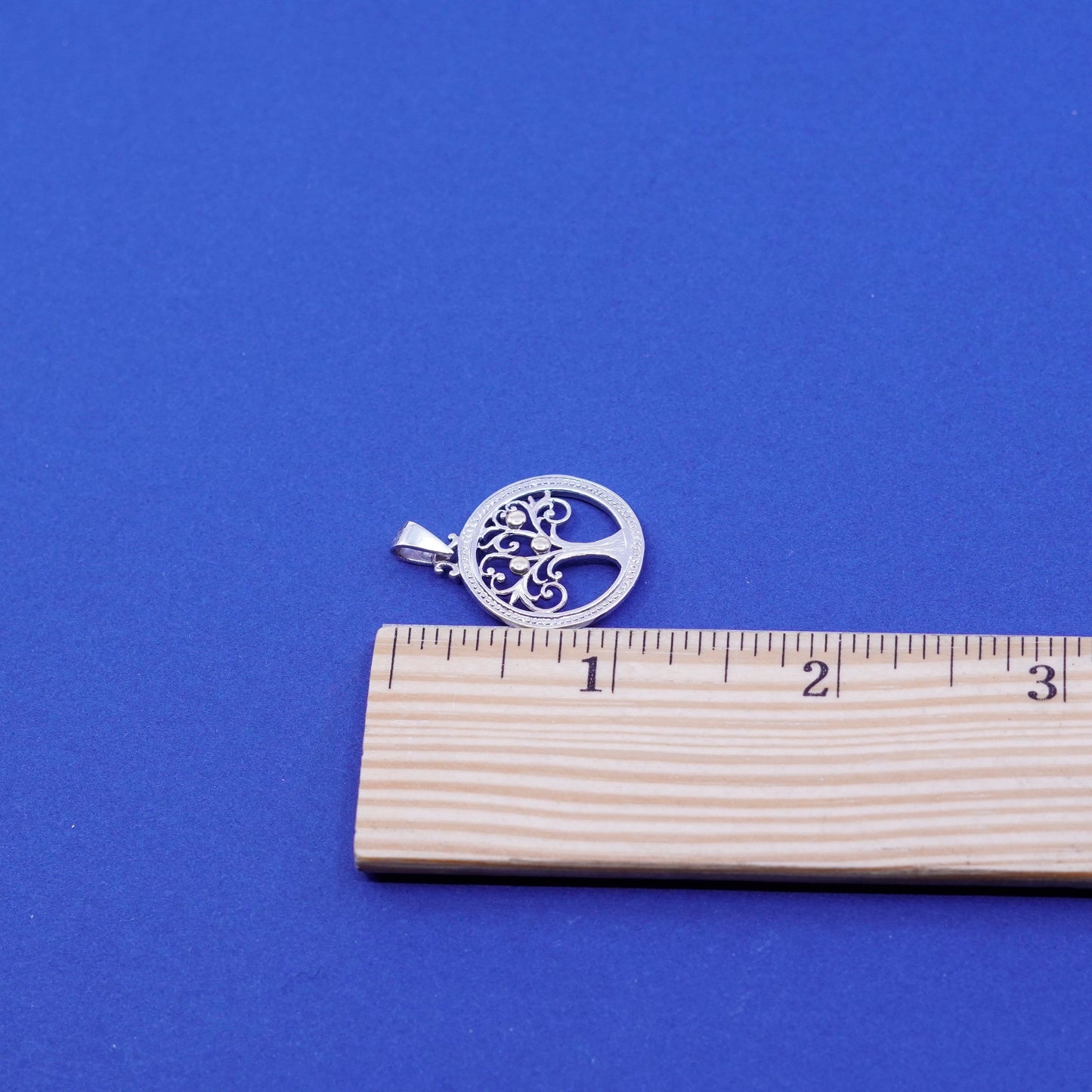 sterling silver handmade pendant, 925 circle w/ filigree tree 10K gold beads