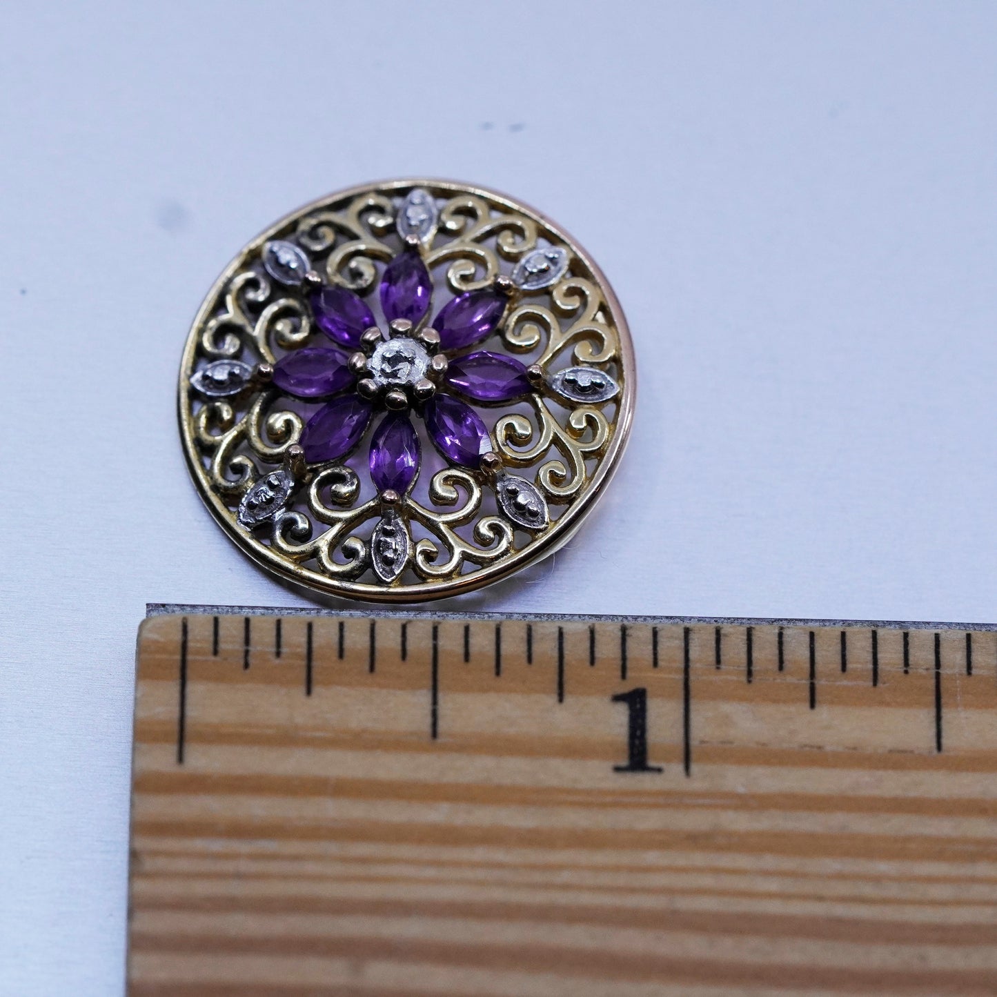 antique PAJ vermeil gold sterling 925 silver flower pendant amethyst diamond