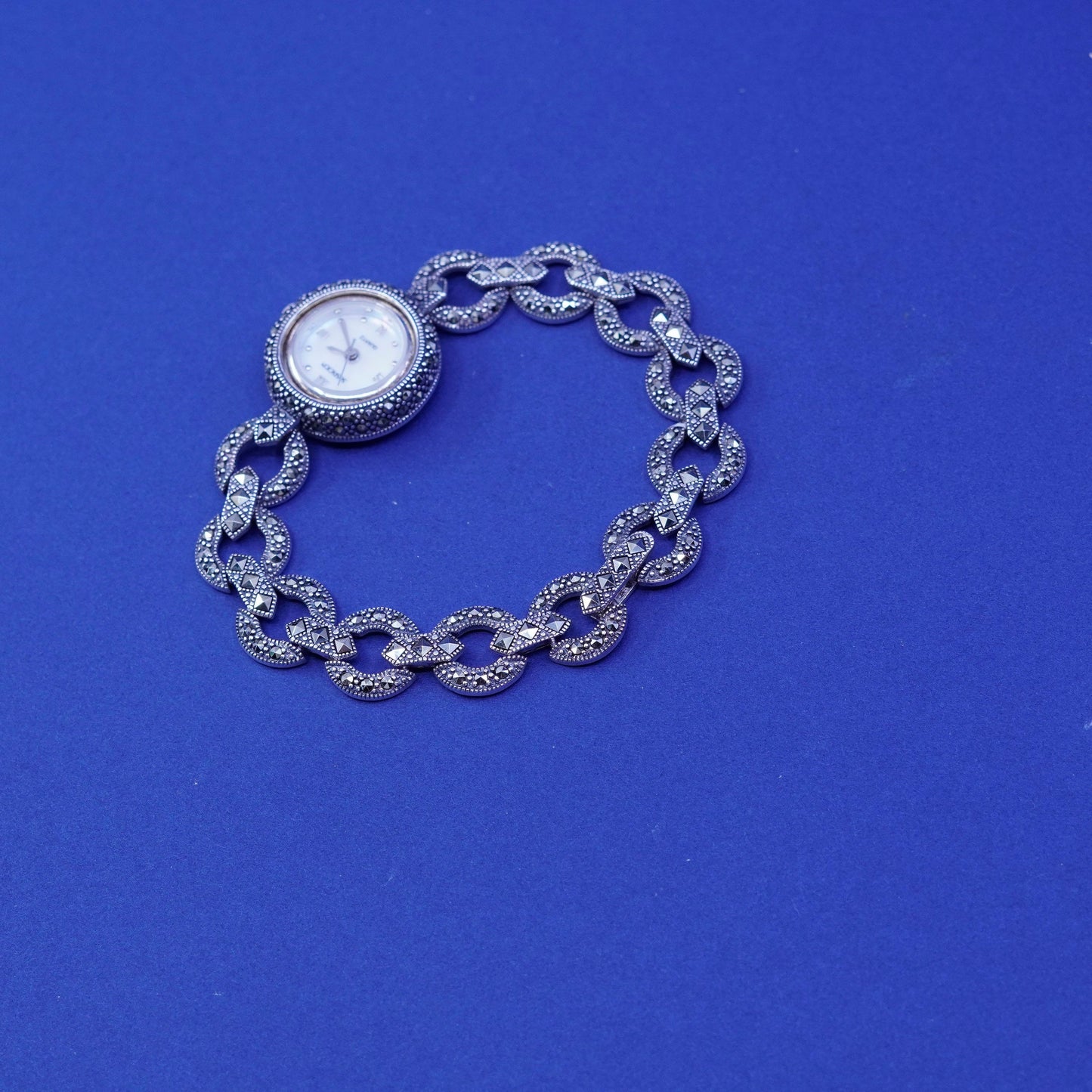 7”, Vtg suspicion lady watch with sterling 925 silver band with Marcasite