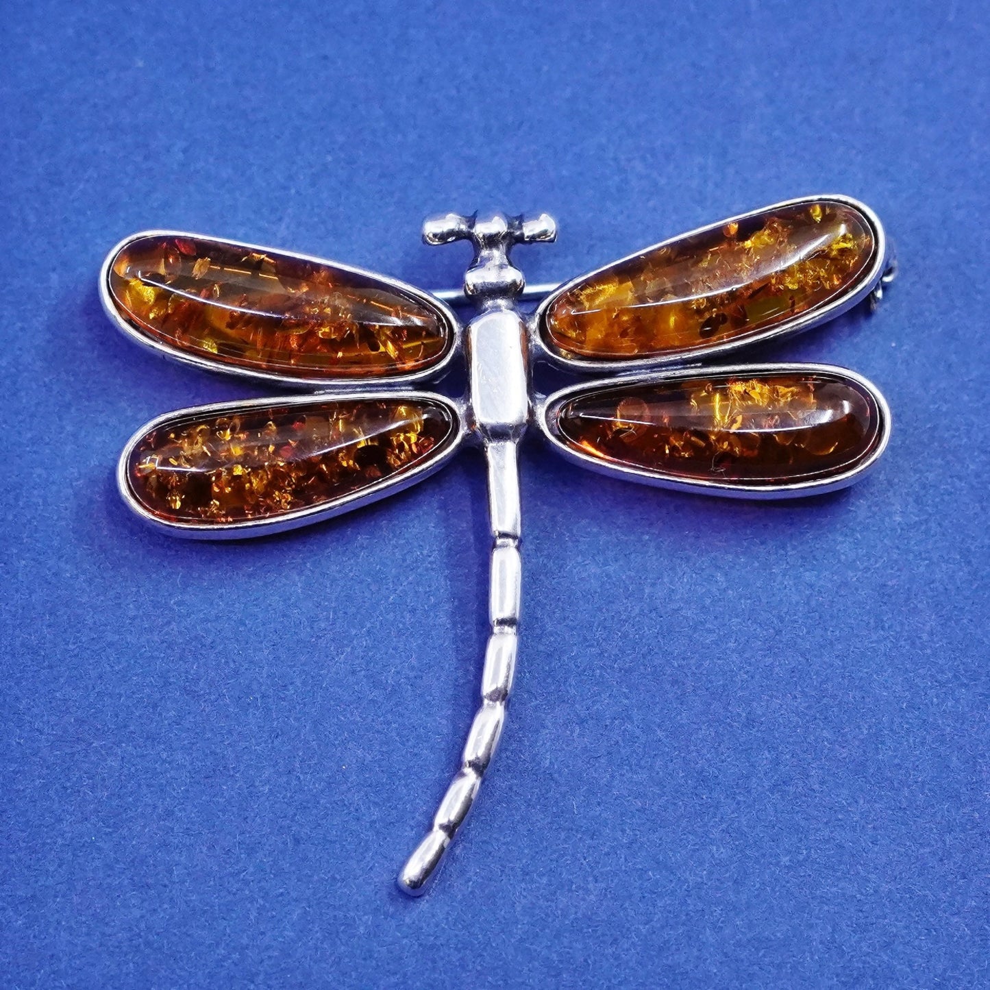 Vintage mexico Sterling 925 silver handmade dragonfly brooch with amber
